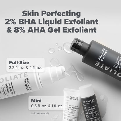 Paula's Choice dual action chemical exfoliation bottles on plain background