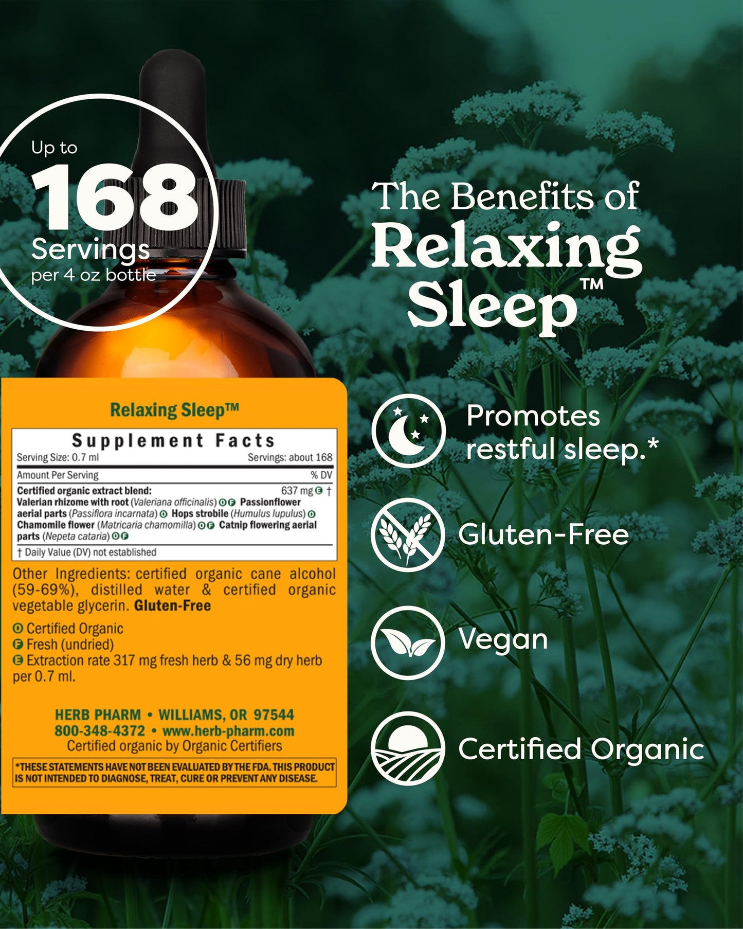 Herb Pharm organic sleep aid liquid supplement showcasing the USDA Organic and gluten-free certifications on the label.