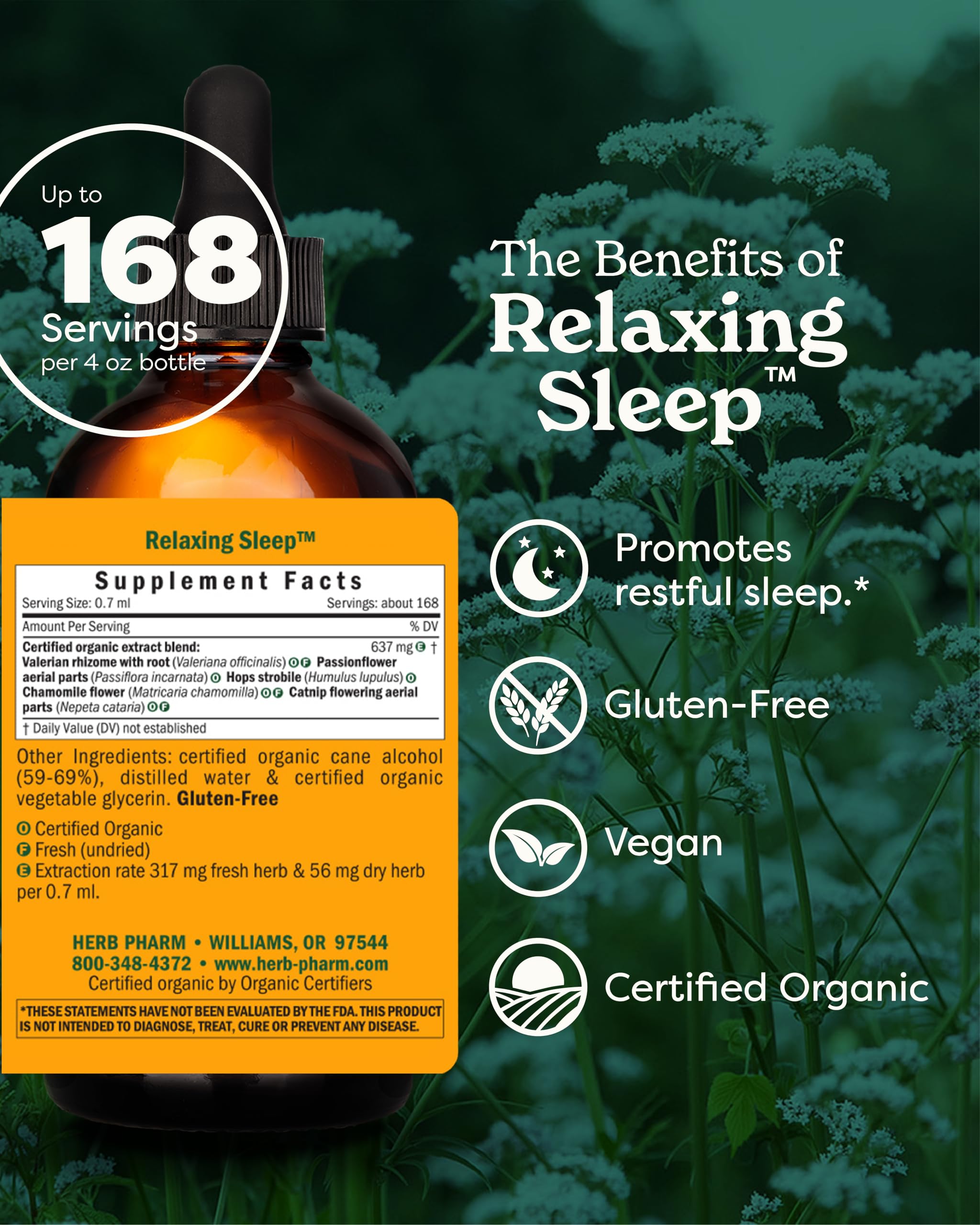 Herb Pharm organic sleep aid liquid supplement showcasing the USDA Organic and gluten-free certifications on the label.