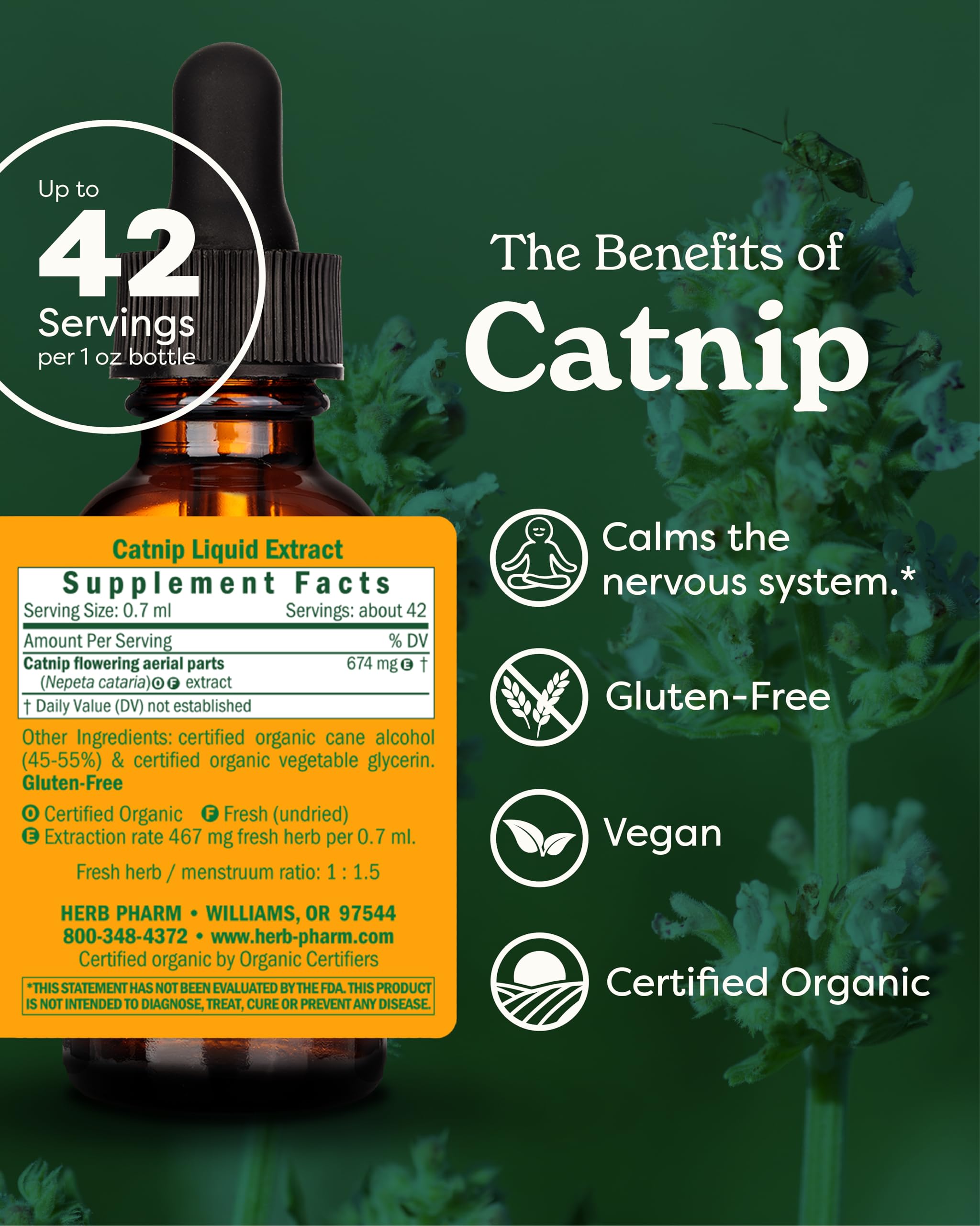Herb Pharm Certified Organic Catnip tincture bottle showing supplement facts