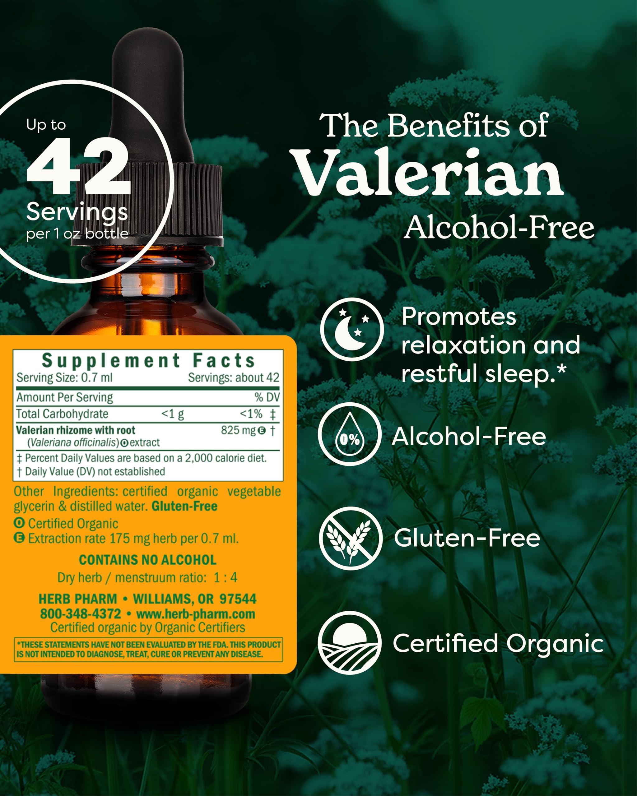 Herb Pharm Alcohol Free Valerian Root Extract bottle showcasing ingredients and organic certification