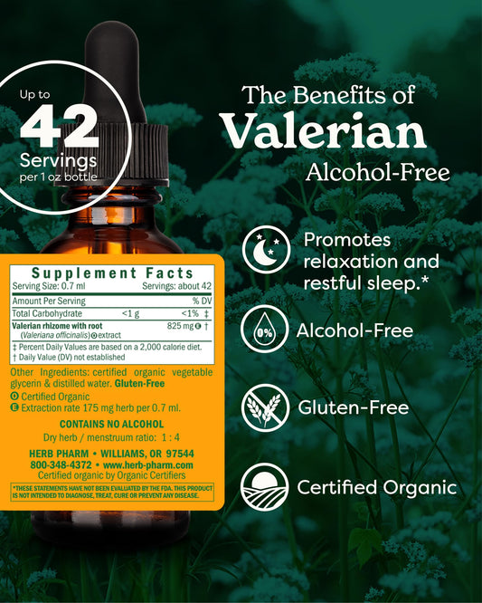 Herb Pharm Alcohol Free Valerian Root Extract bottle showcasing ingredients and organic certification