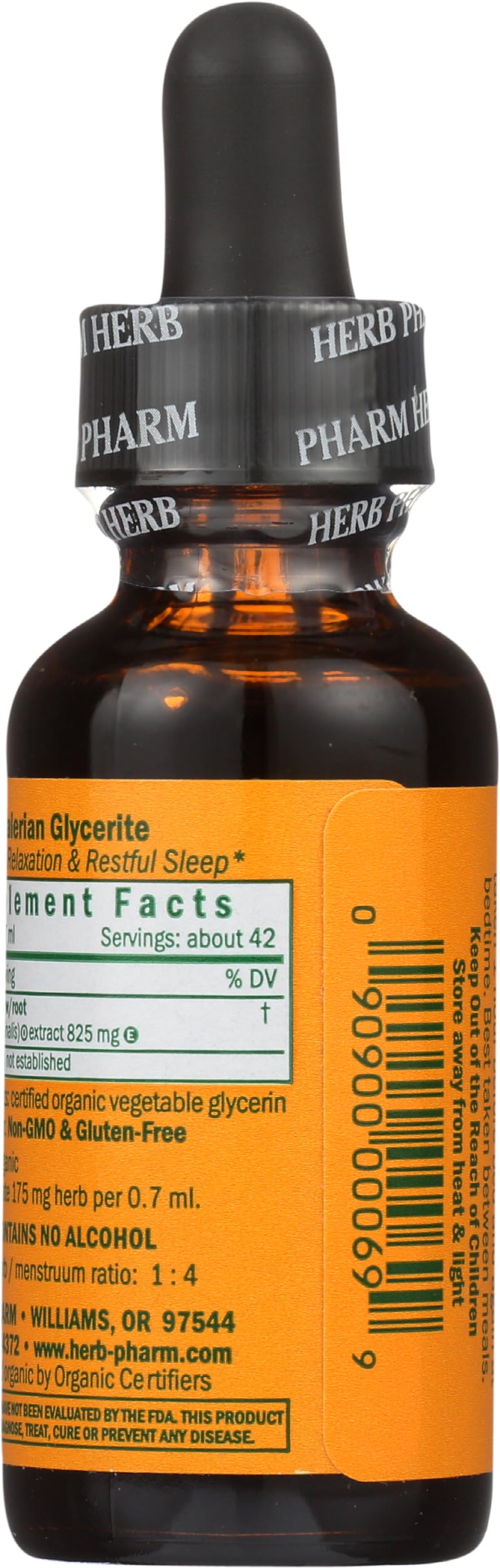Herb Pharm Valerian Root liquid glycerite back label detailing adult dosage and usage instructions