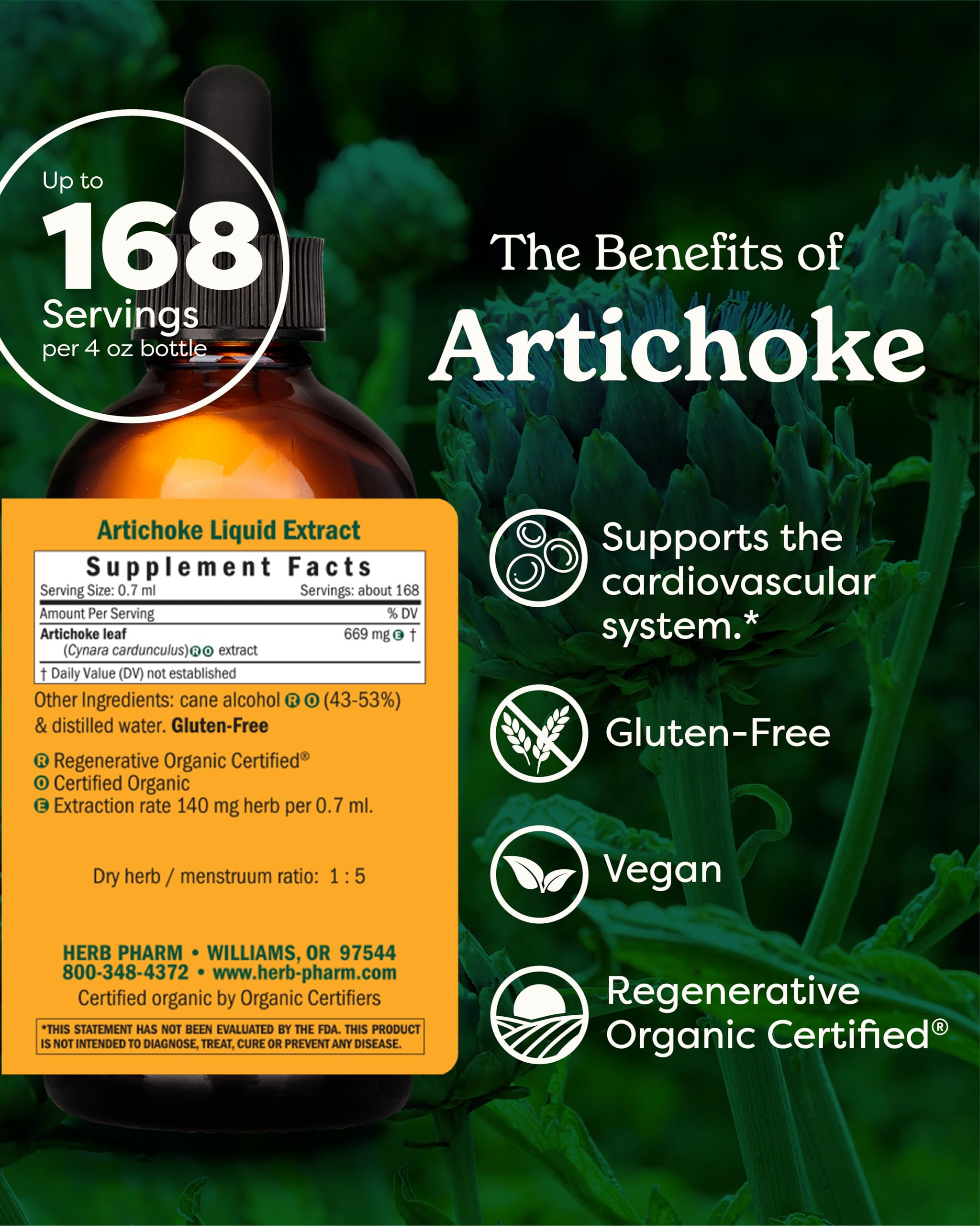 Herb Pharm Artichoke Liquid Herbal Extract 4 Ounce bottle with glass dropper top