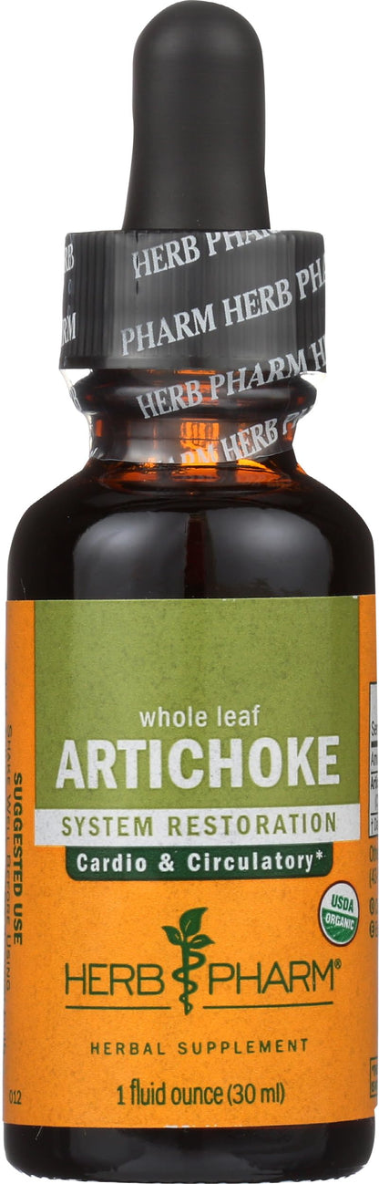 Back label of Herb Pharm Artichoke 1 Ounce bottle detailing suggested adult usage instructions.