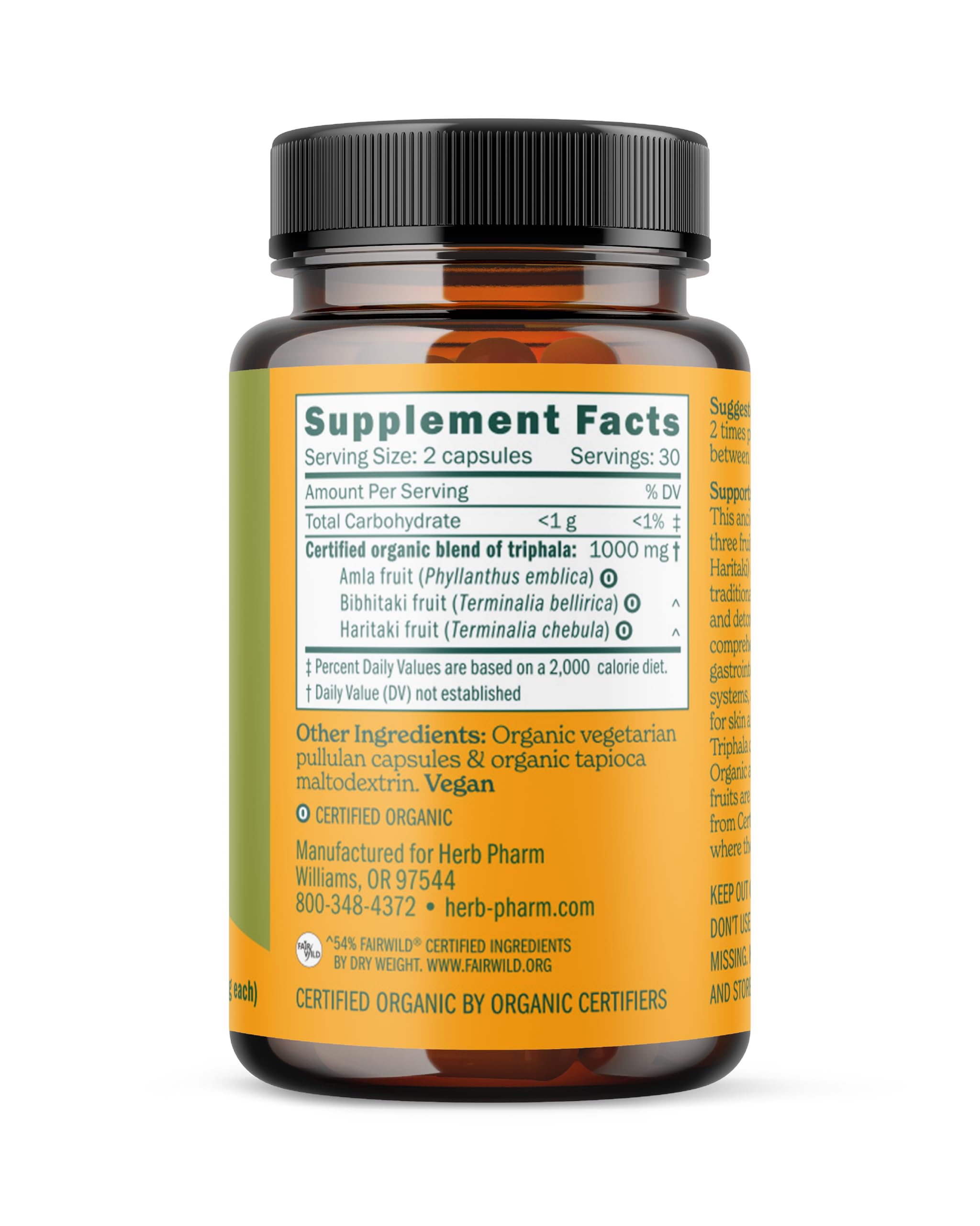 Herb Pharm Organic Triphala bottle showcasing USDA Organic and FairWild certified supplement labels