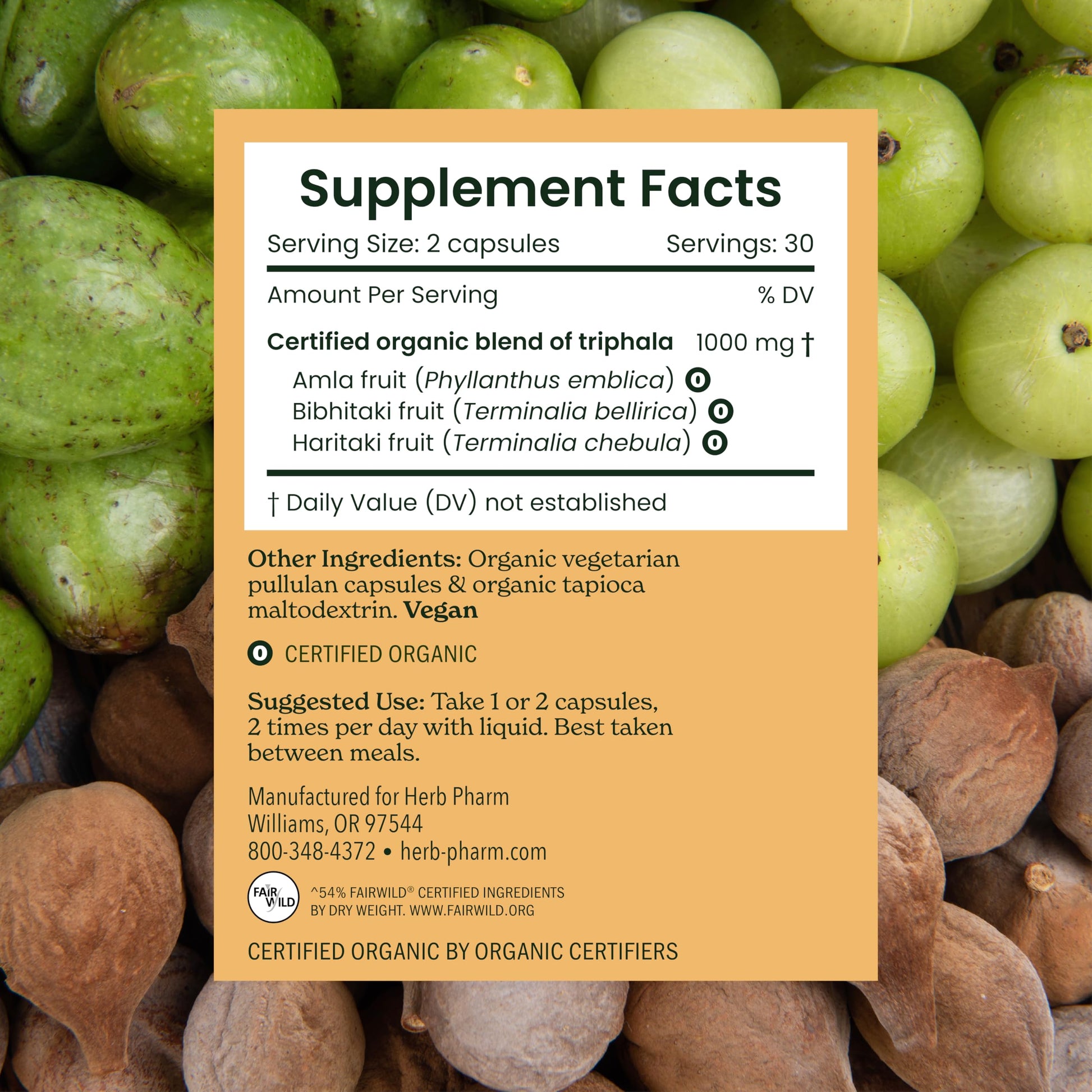 Herb Pharm Triphala vegetarian pullulan capsules alongside the original amber bottle packaging