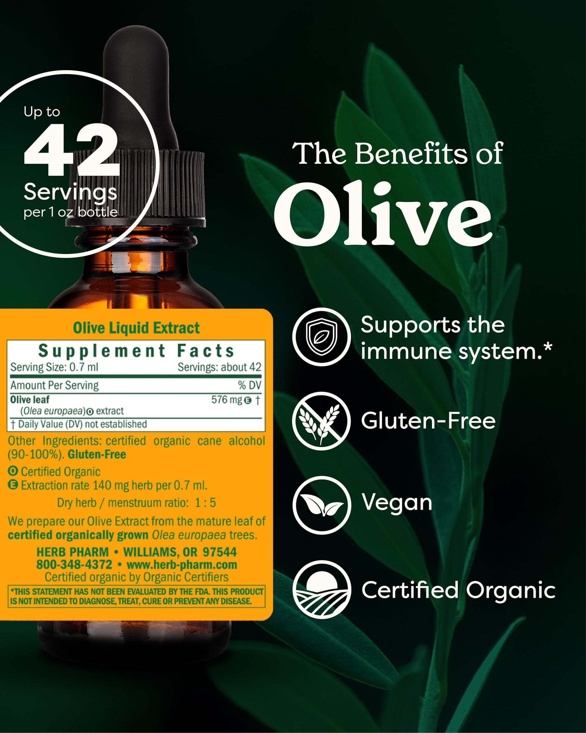 Close up of Herb Pharm Olive Leaf extract label details