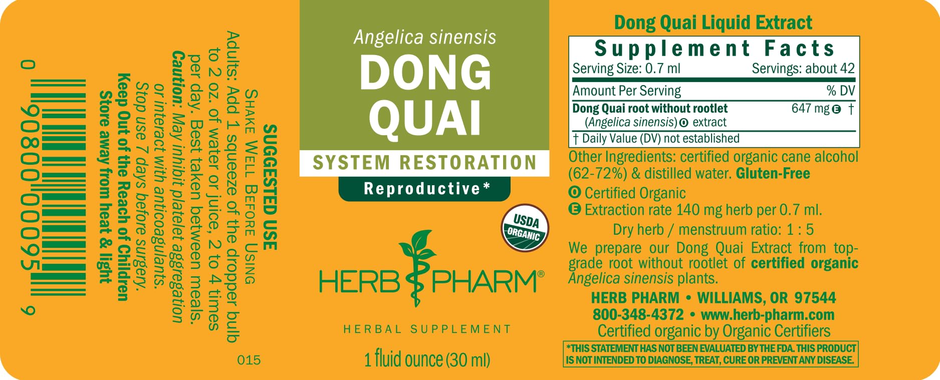 Authentic USA imported Herb Pharm Dong Quai bottle showing batch code and expiration details.