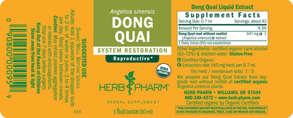 Authentic USA imported Herb Pharm Dong Quai bottle showing batch code and expiration details.