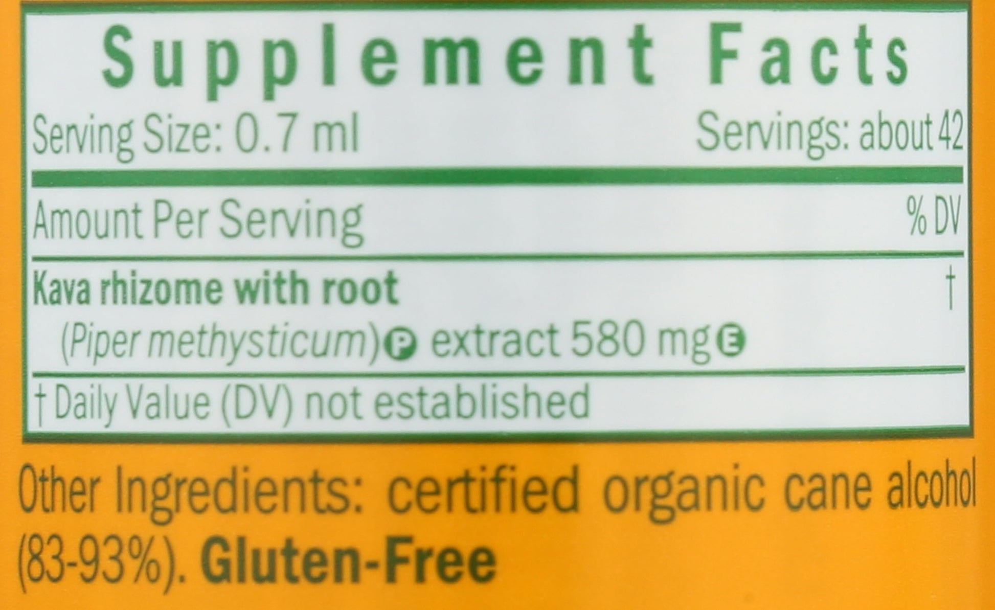 Back label of Herb Pharm Kava liquid formula with ingredients and usage guidelines