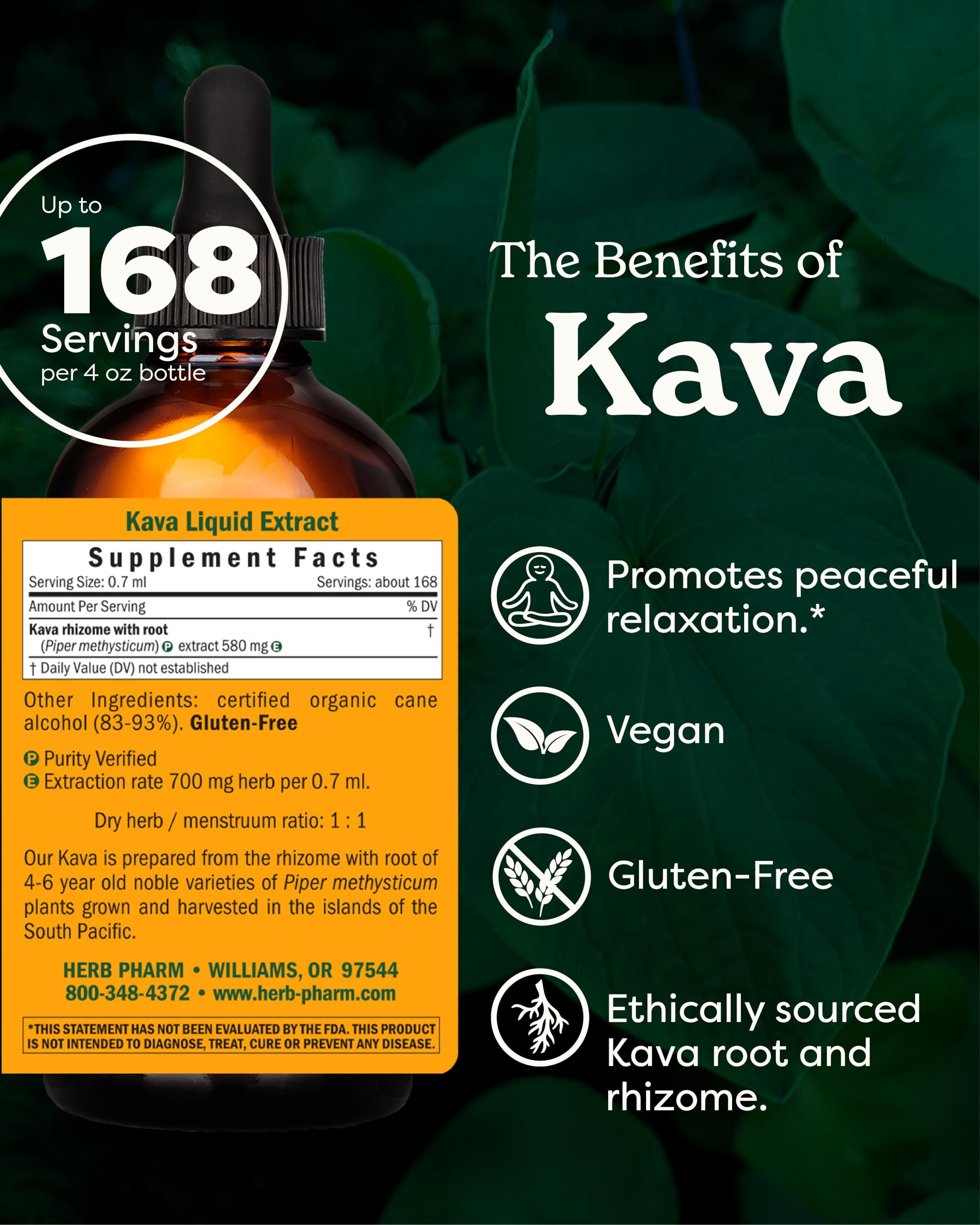 Herb Pharm Kava liquid herbal supplement bottle showing ingredients list and noble kava root profile