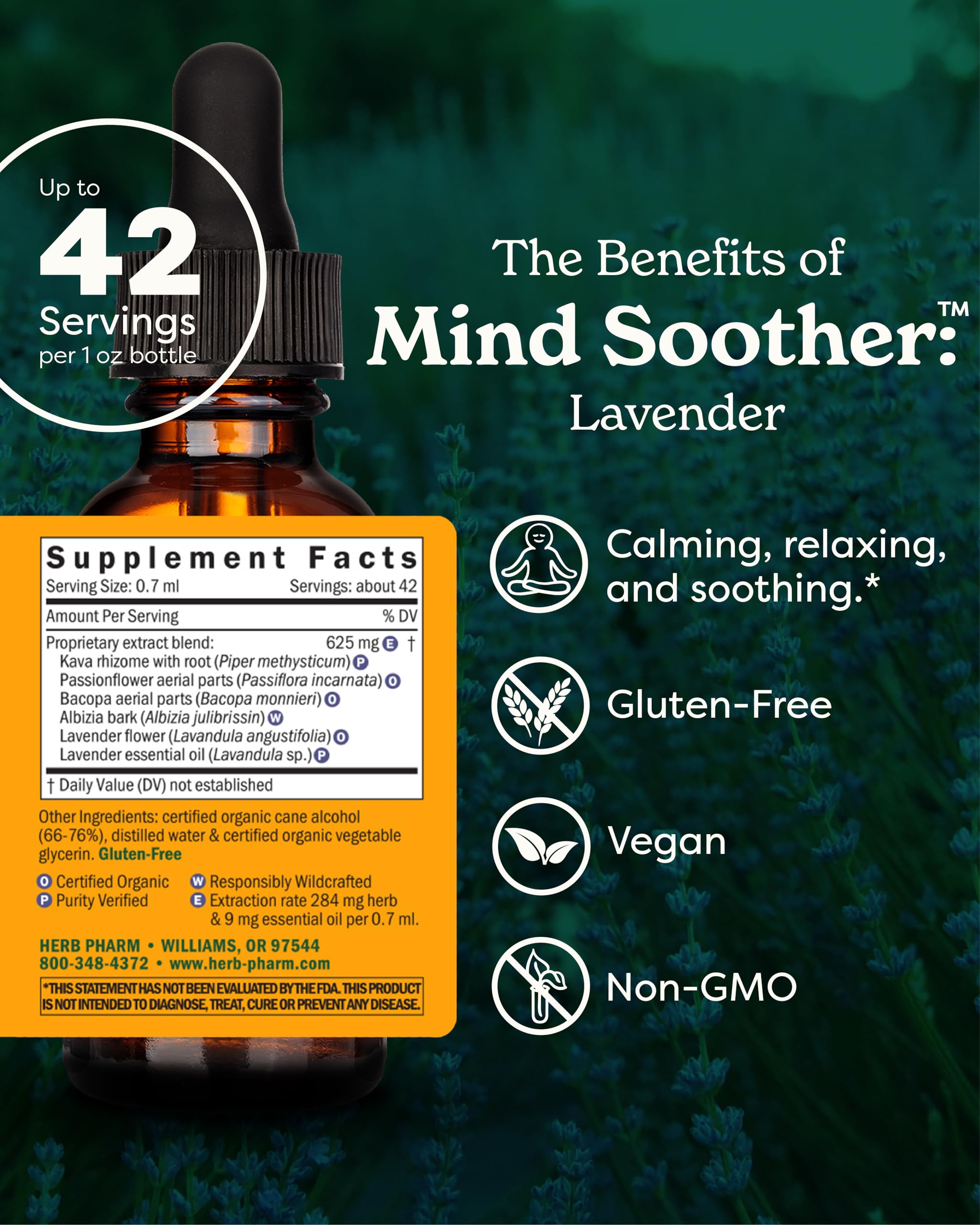 Herb Pharm Mind Soother Lavender 1 Ounce bottle dropper top view
