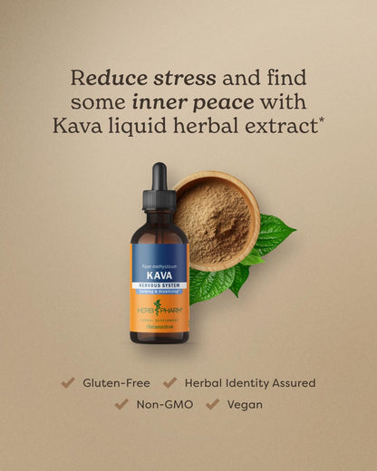 Four fluid ounce multi month supply bottle of Herb Pharm noble variety kava root extract