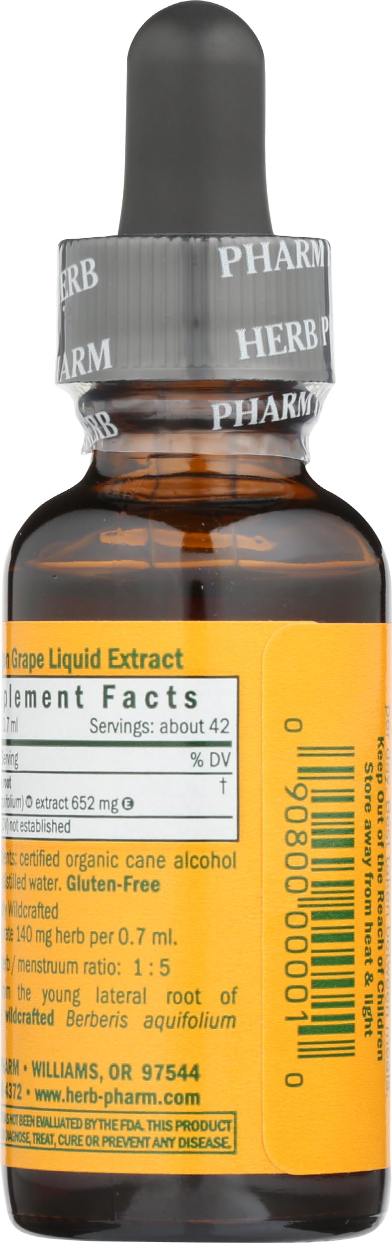 Herb Pharm Oregon Grape Root tincture label showing premium organic ingredients and details.