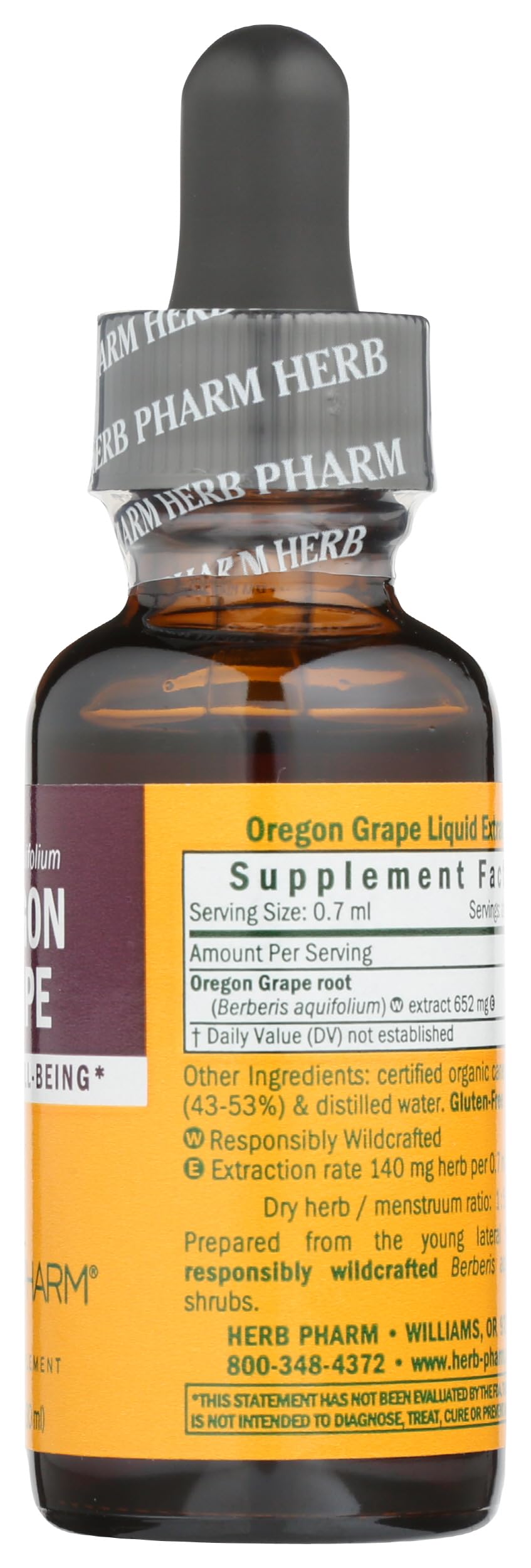 Back label of Herb Pharm Oregon Grape Root showing non GMO verified standards.