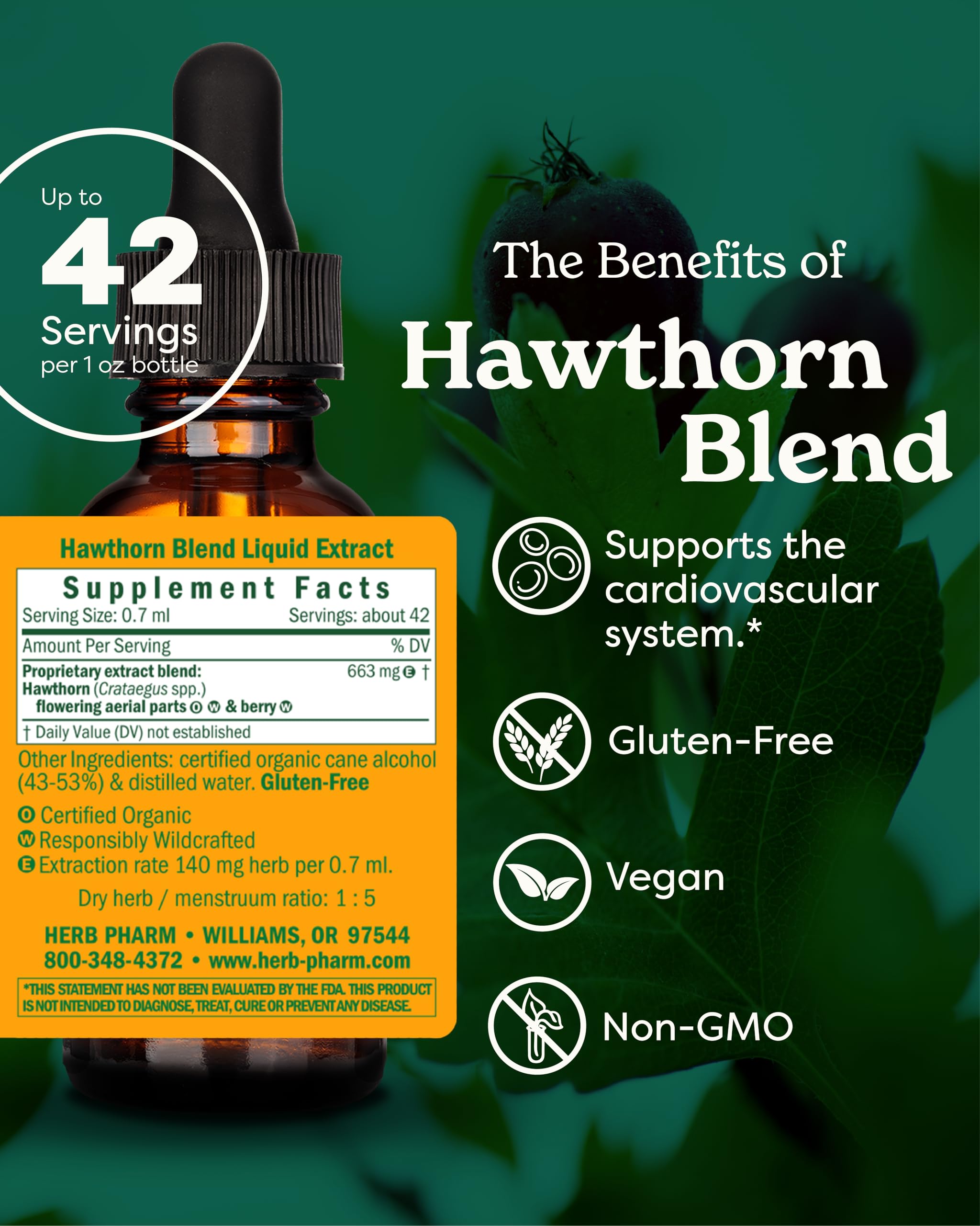 Herb Pharm Hawthorn Blend herbal supplement dropper bottle close up