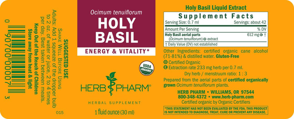 Certified Organic Holy Basil liquid supplement 30 ml bottle