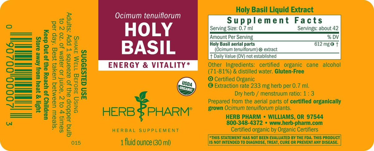 Certified Organic Holy Basil liquid supplement 30 ml bottle