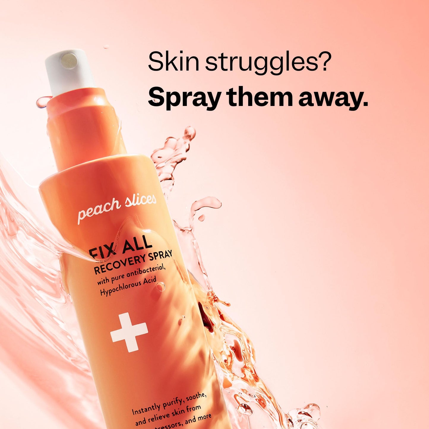 Peach Slices Fix All Recovery Spray bottle next to skincare routine products