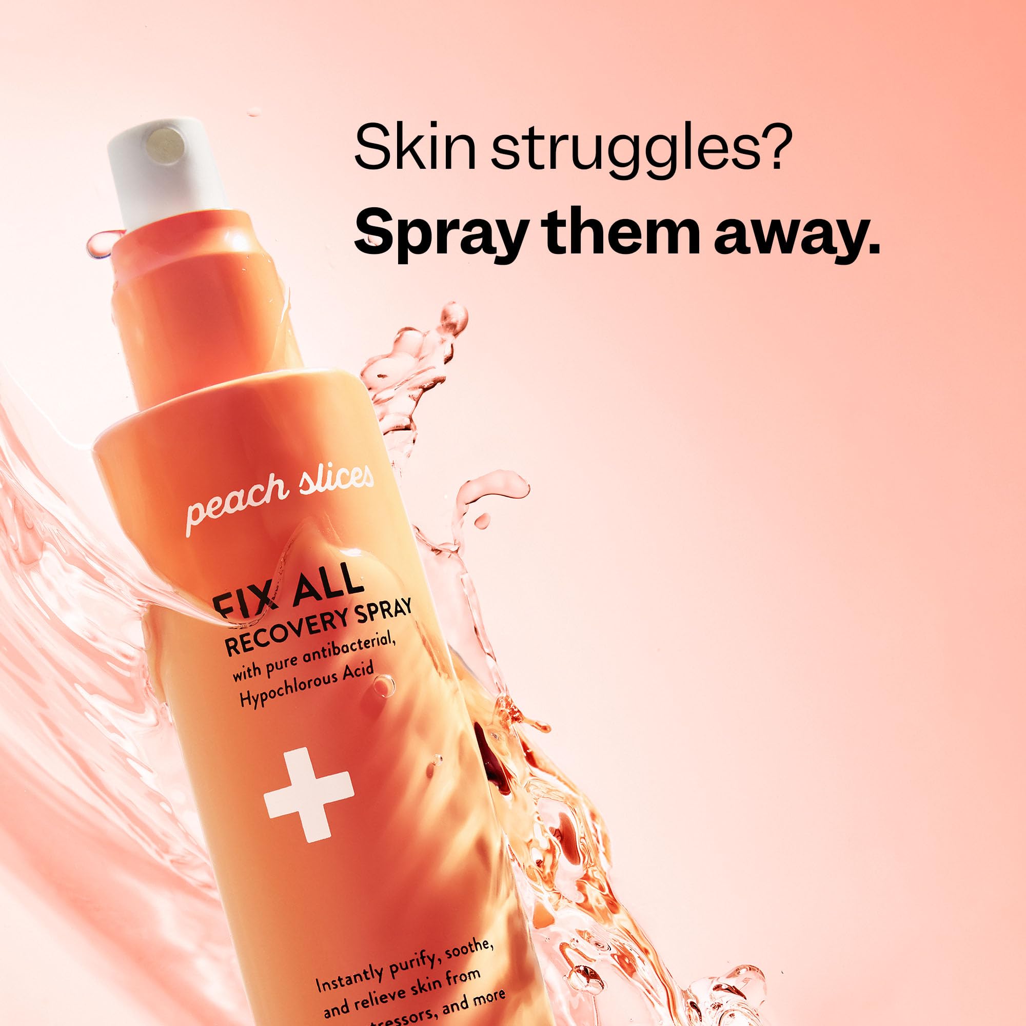 Peach Slices Fix All Recovery Spray bottle next to skincare routine products