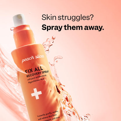 Peach Slices Fix All Recovery Spray bottle next to skincare routine products