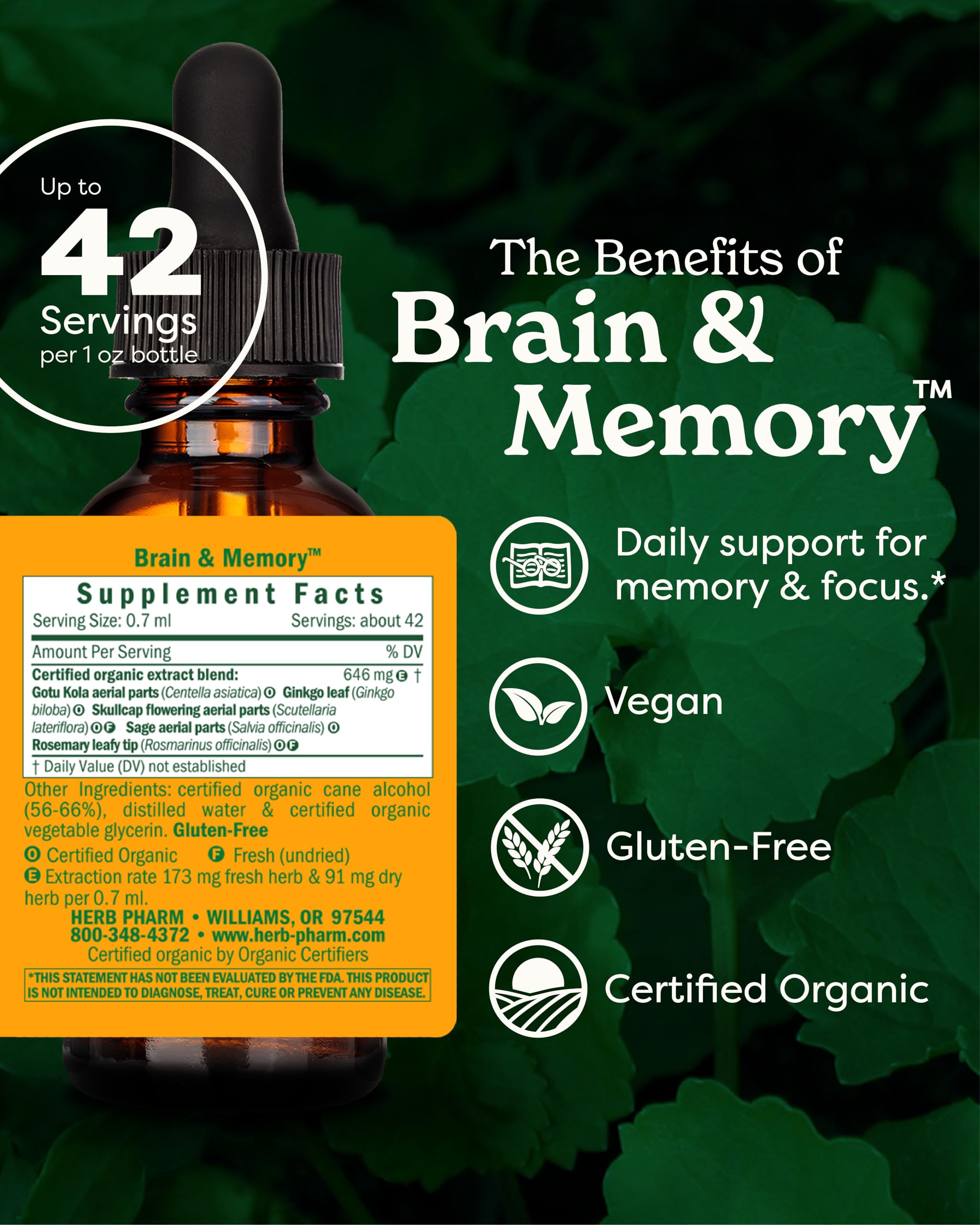 Herb Pharm Ginkgo Biloba and Gotu Kola supplement bottle showing USDA Organic seal