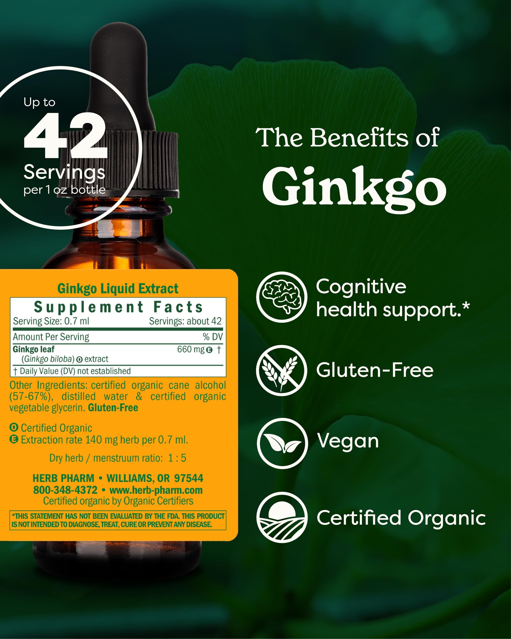 USDA Organic certified Ginkgo biloba liquid tincture packaging highlighting memory and concentration benefits.