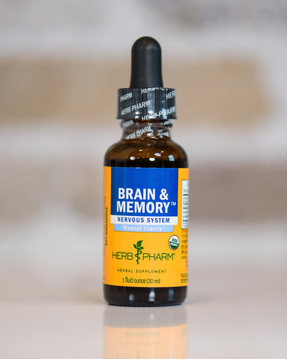 Herb Pharm Brain and Memory herbal extract fluid ounce bottle detailing usage directions