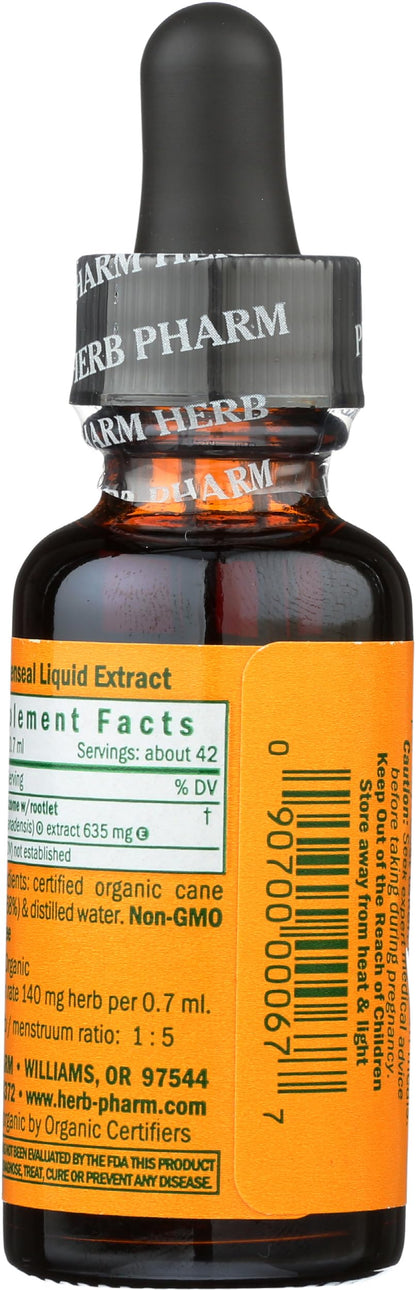 Herb Pharm Goldenseal herbal drops packaging showing organic certification and ingredient transparency