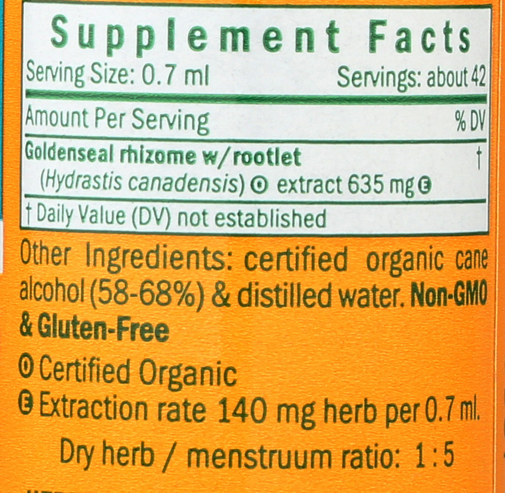 Side profile of Goldenseal liquid extract bottle displaying supplement facts and usage instructions