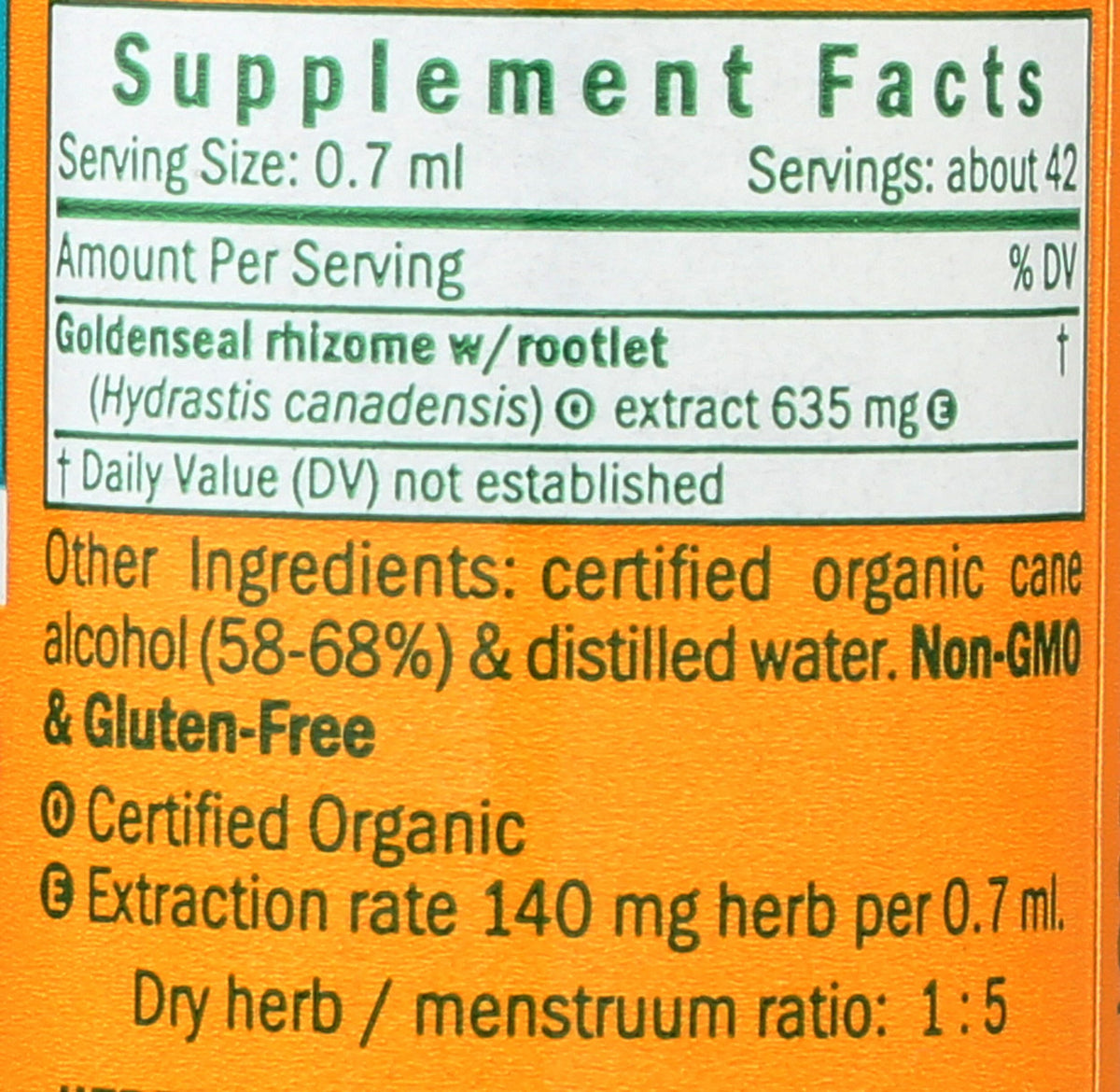Side profile of Goldenseal liquid extract bottle displaying supplement facts and usage instructions