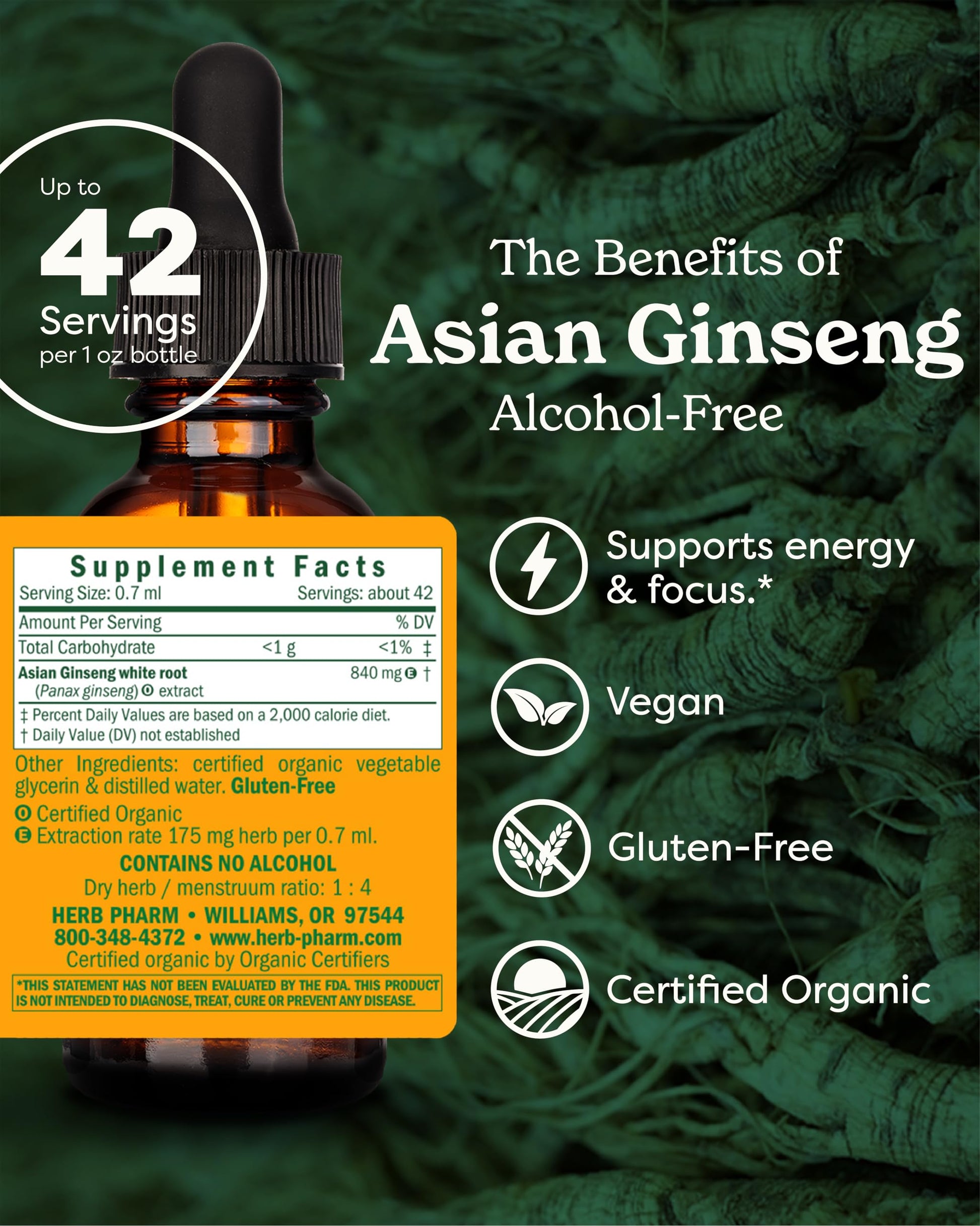 Label of Herb Pharm Asian Ginseng showing alcohol-free and organic certification