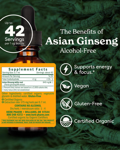 Label of Herb Pharm Asian Ginseng showing alcohol-free and organic certification