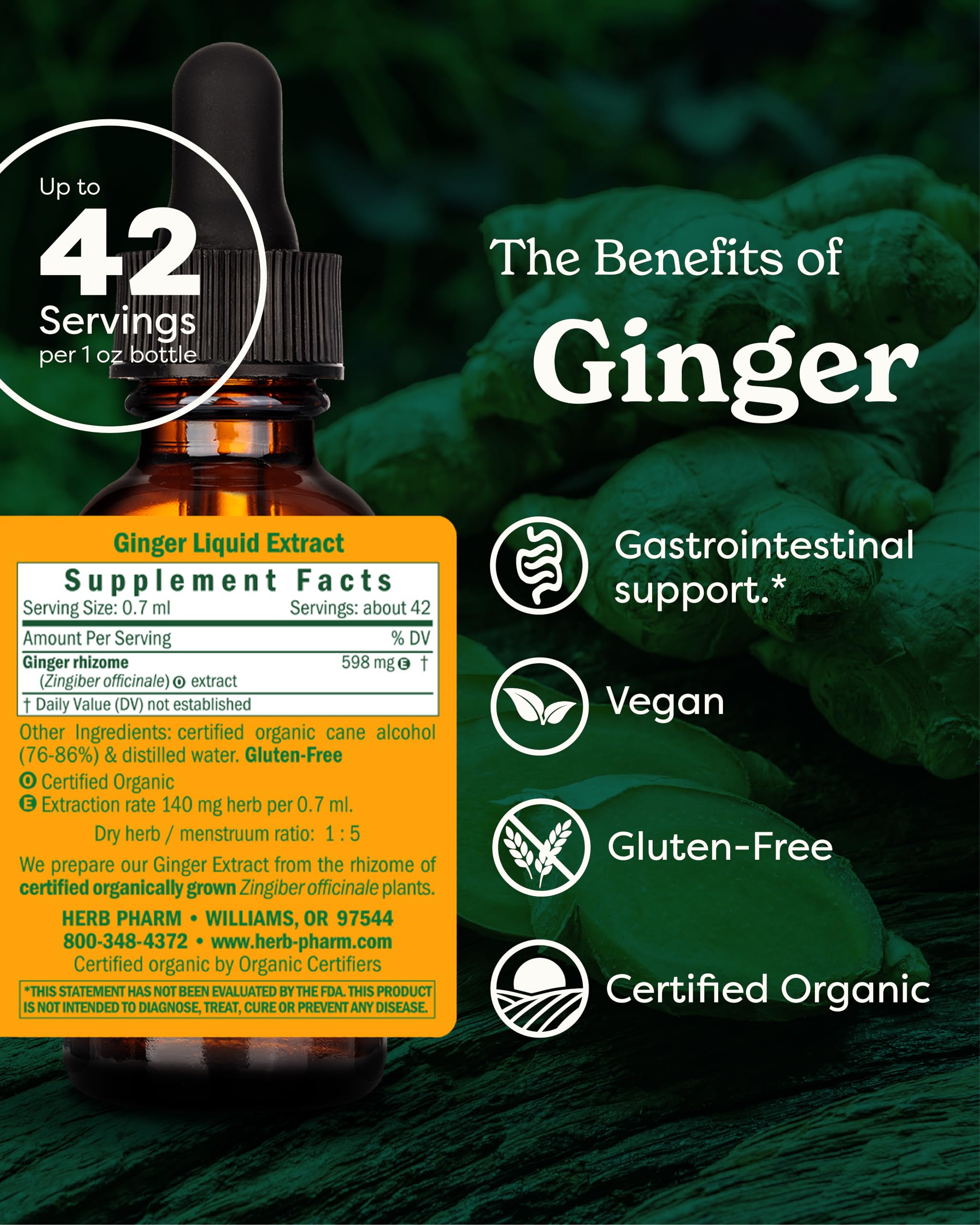 Herb Pharm Ginger herbal tincture packaging showing USDA Organic certification label
