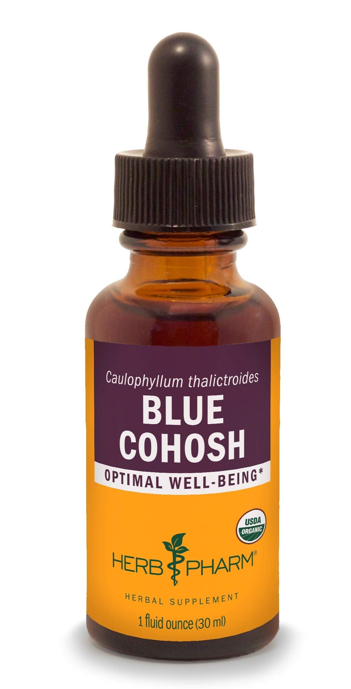 Herb Pharm Blue Cohosh herbal supplement dropper bottle showing organic certification labels