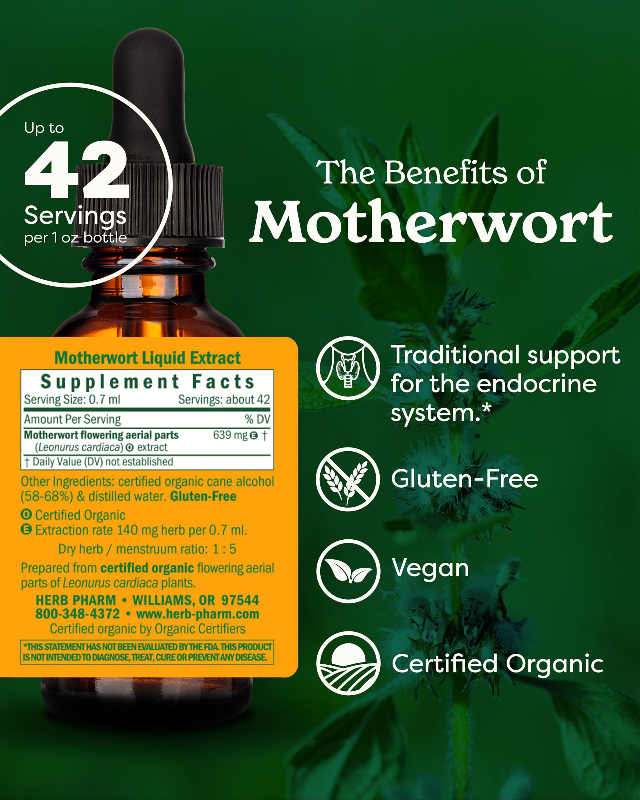 Close up of Herb Pharm Motherwort label showing organic certification