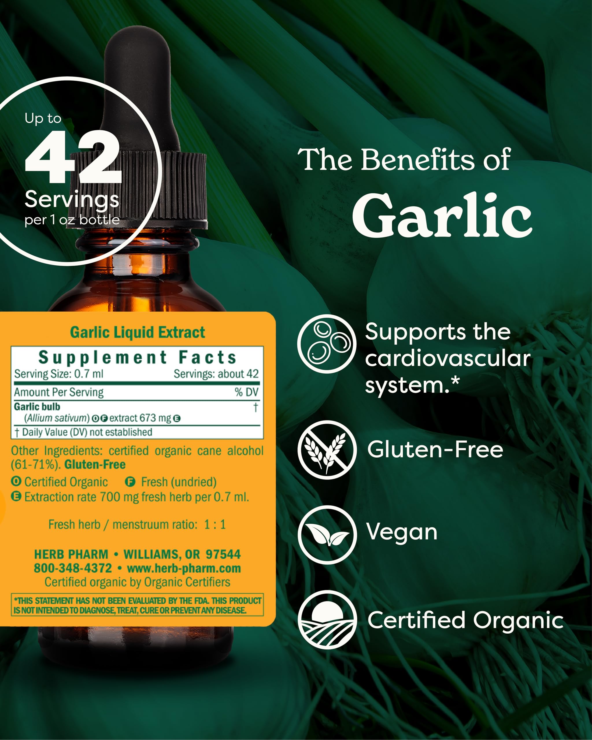 Herb Pharm Garlic Extract one fluid ounce bottle packaging with USDA organic seal