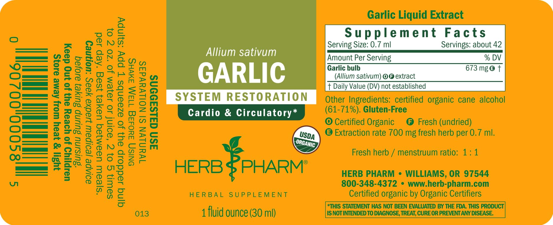 Herb Pharm organic garlic liquid extract bottle displayed on a clean wellness background
