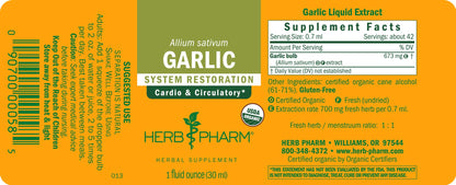 Herb Pharm organic garlic liquid extract bottle displayed on a clean wellness background