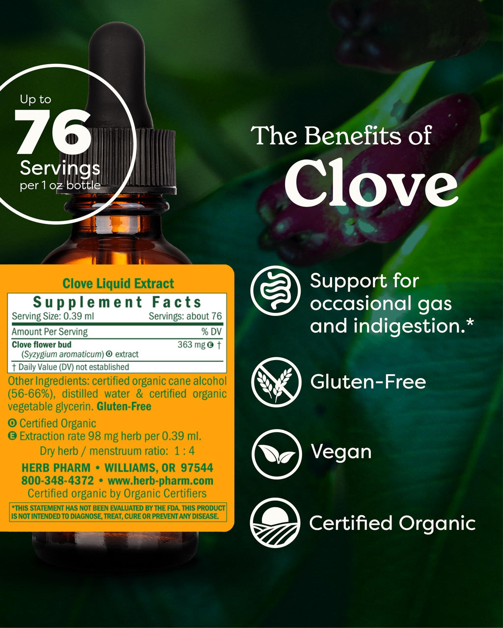 Herb Pharm Clove liquid supplement bottle label details