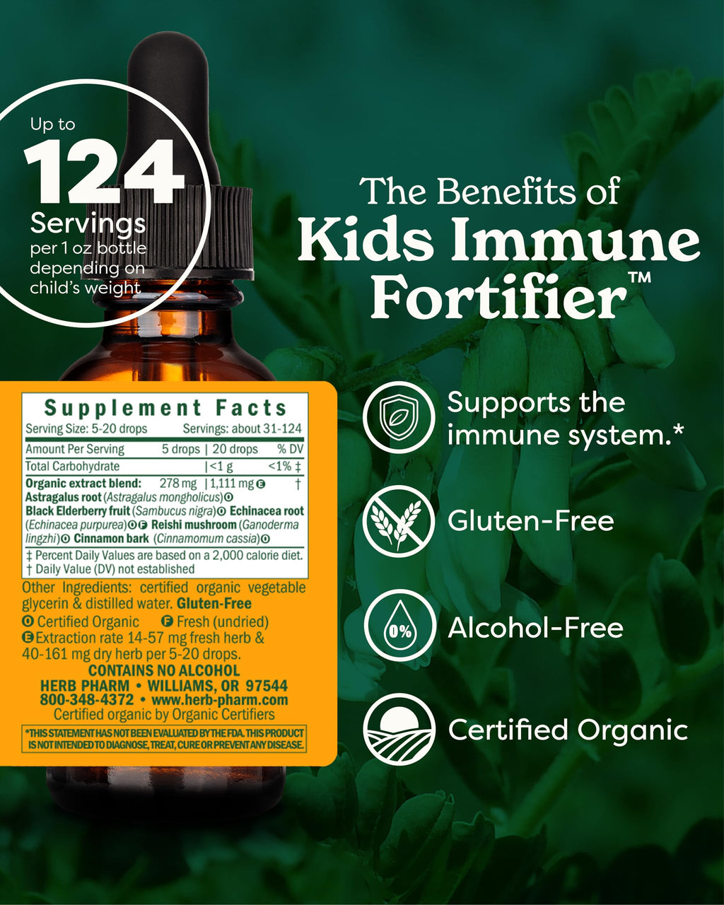 Close up of Herb Pharm Kids organic immune supplement label