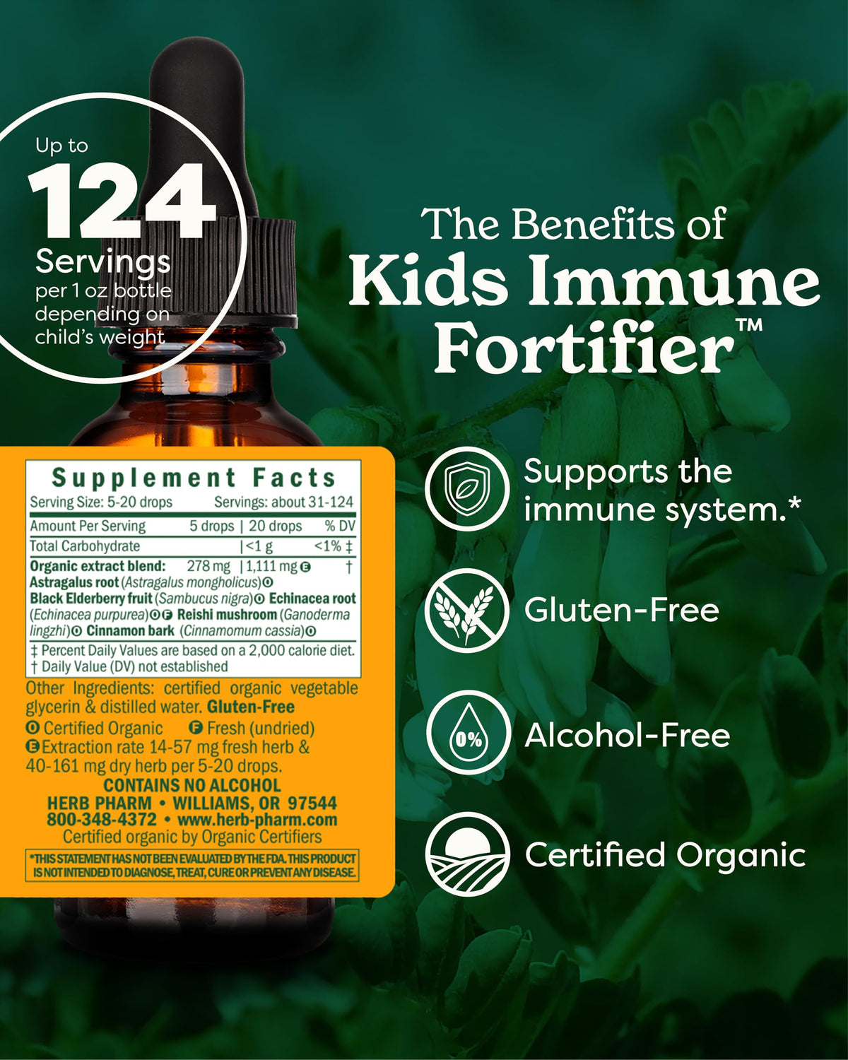Close up of Herb Pharm Kids organic immune supplement label