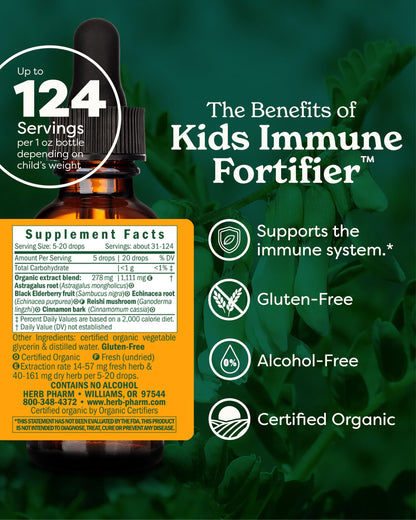 Close up of Herb Pharm Kids organic immune supplement label