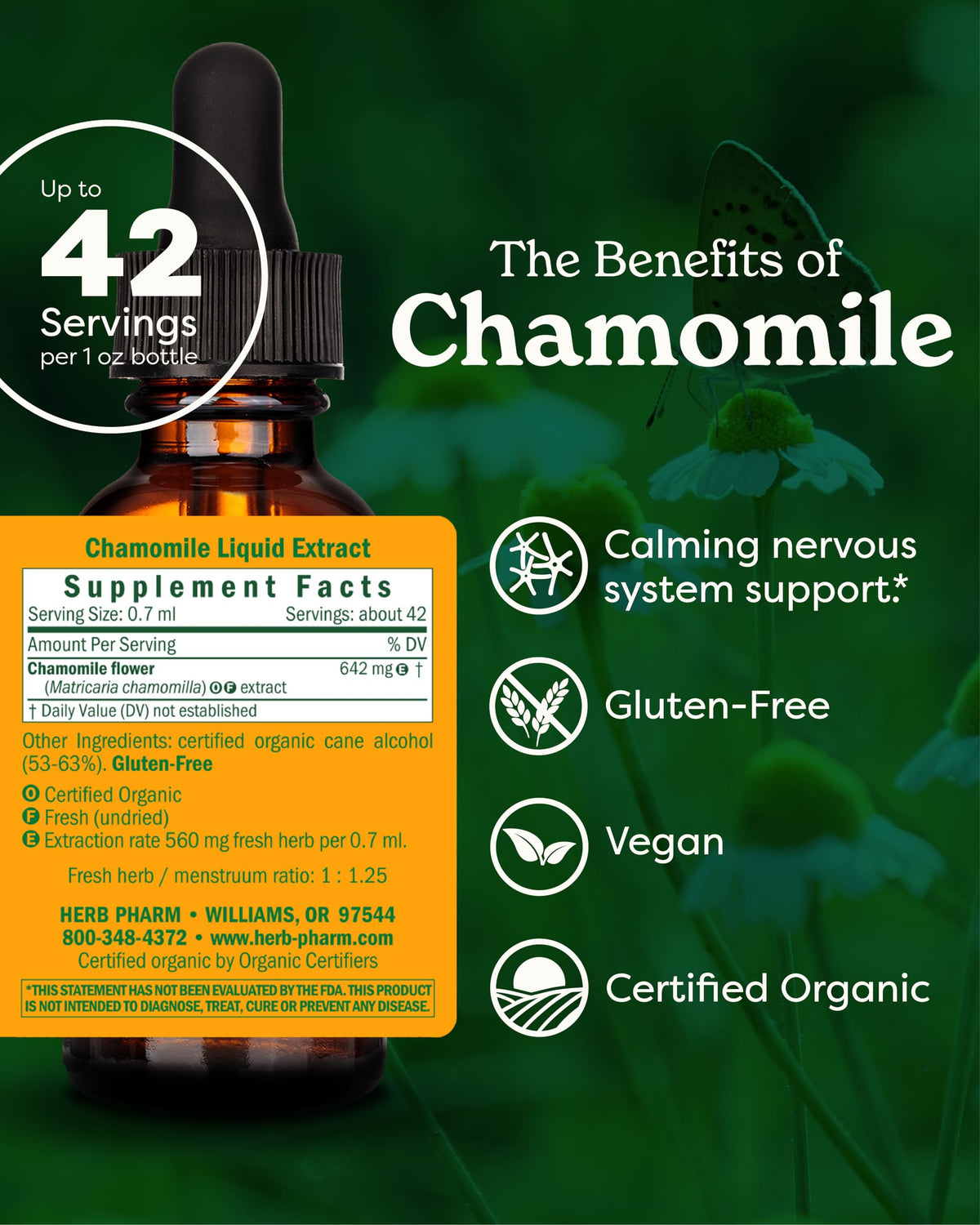 Herb Pharm organic chamomile tincture one fluid ounce bottle showing ingredient list and organic certifications