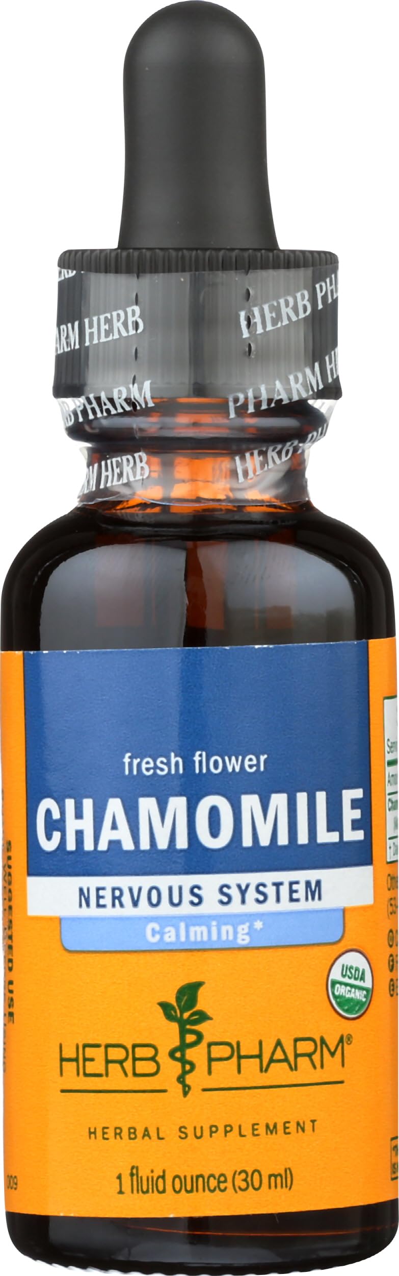 Side angle view of USA imported Herb Pharm chamomile extract premium dark amber glass bottle