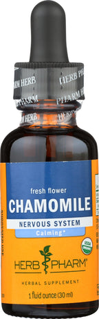 Side angle view of USA imported Herb Pharm chamomile extract premium dark amber glass bottle