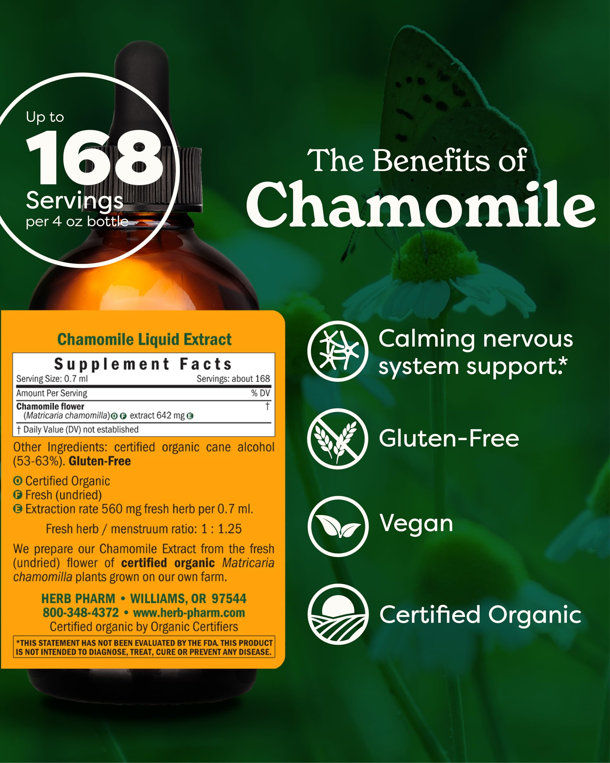 Herb Pharm organic chamomile tincture showing the dropper bulb and liquid supplement consistency.