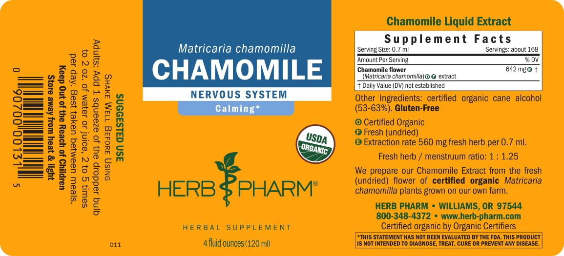 Herb Pharm chamomile liquid extract four fluid ounce bottle demonstrating the certified organic seals.