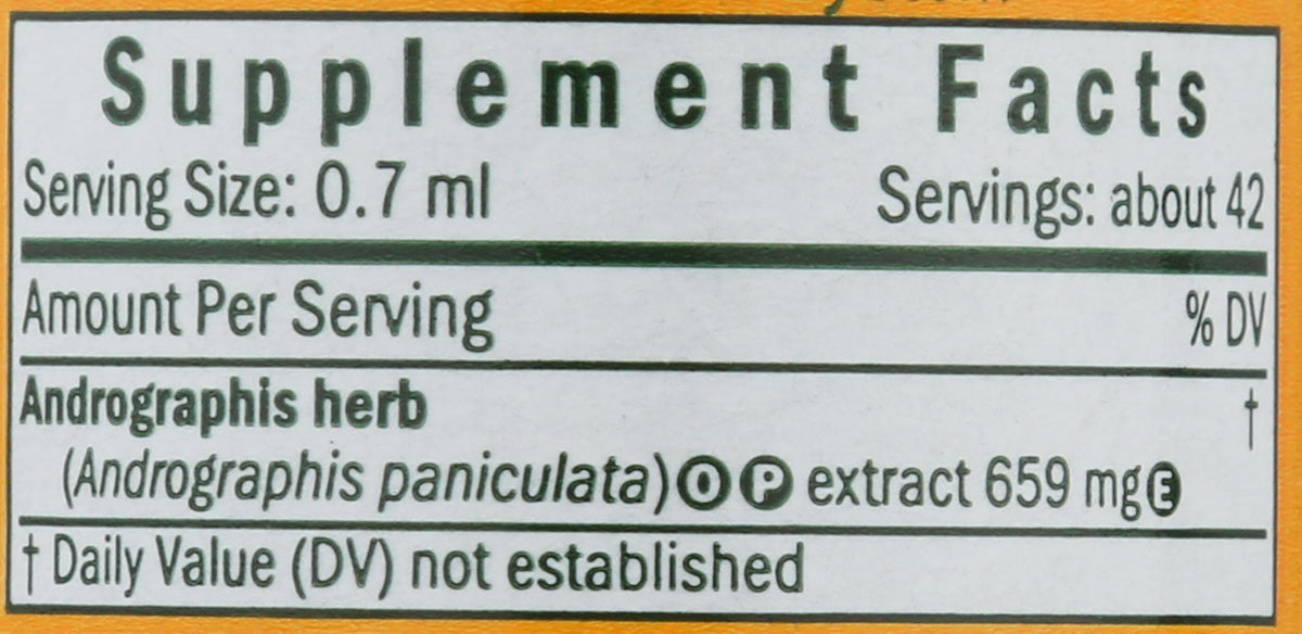 Organic Andrographis paniculata liquid herbal supplement ingredient label details